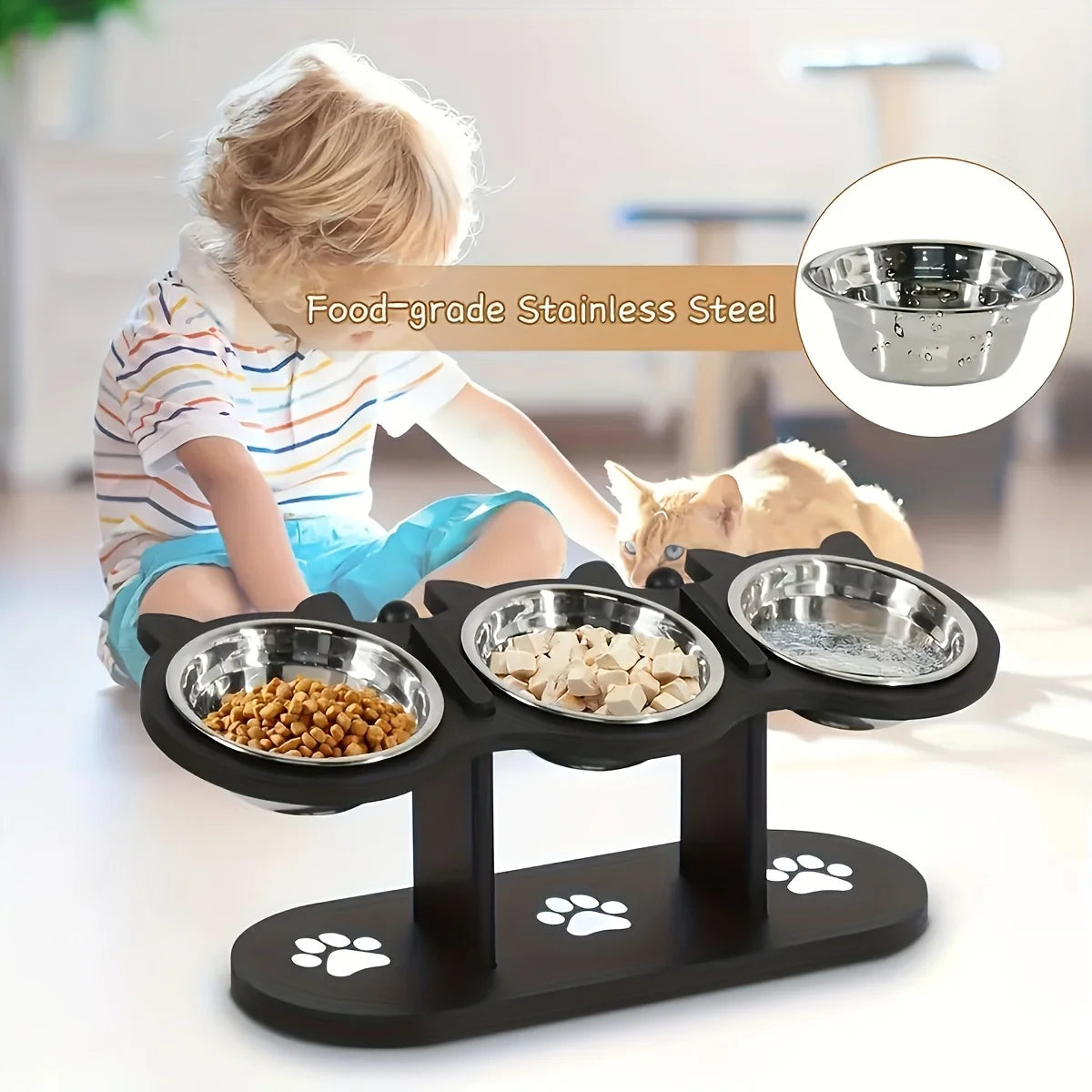 Elevated Tilted Pet Bowls with Wooden Stand