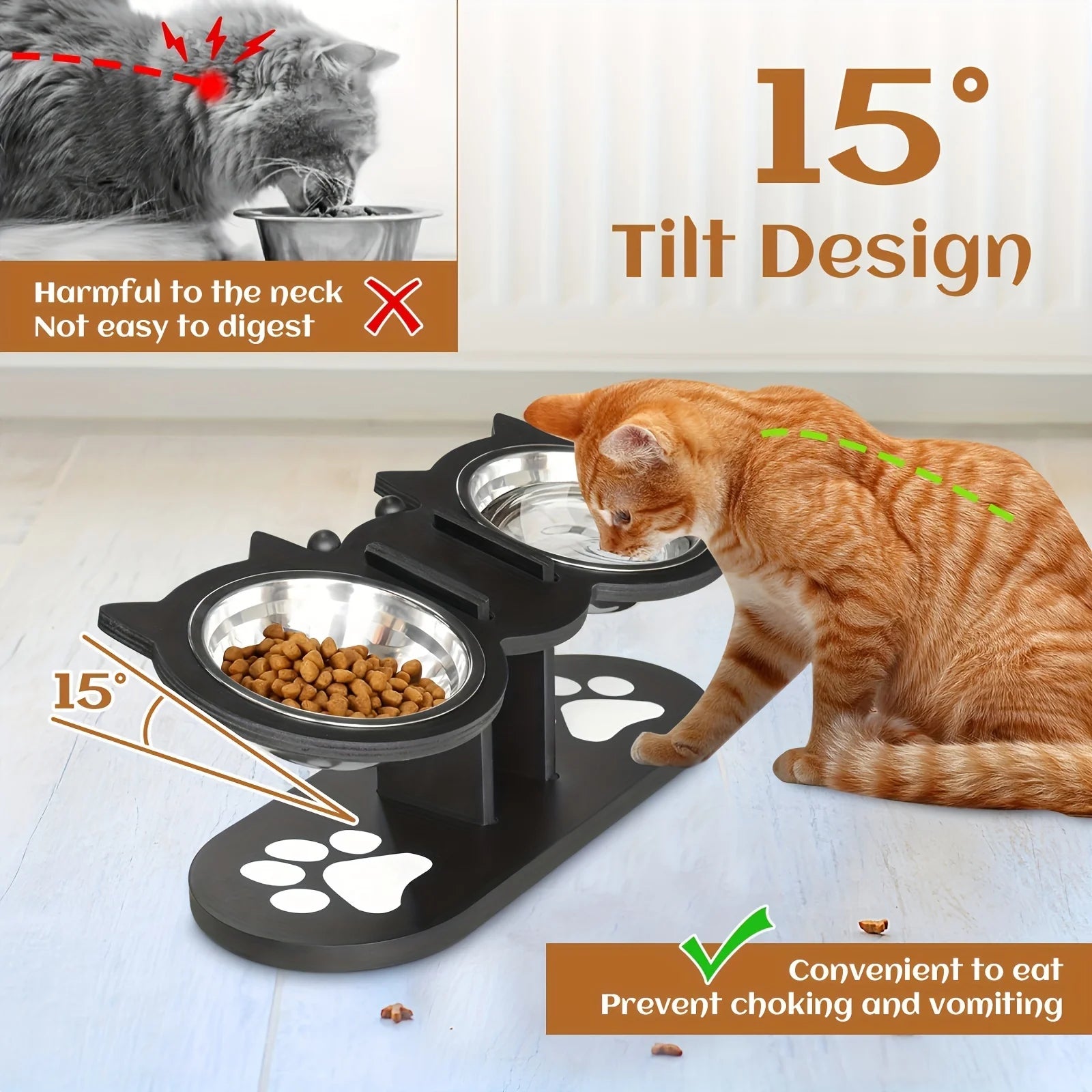 Elevated Tilted Pet Bowls with Wooden Stand